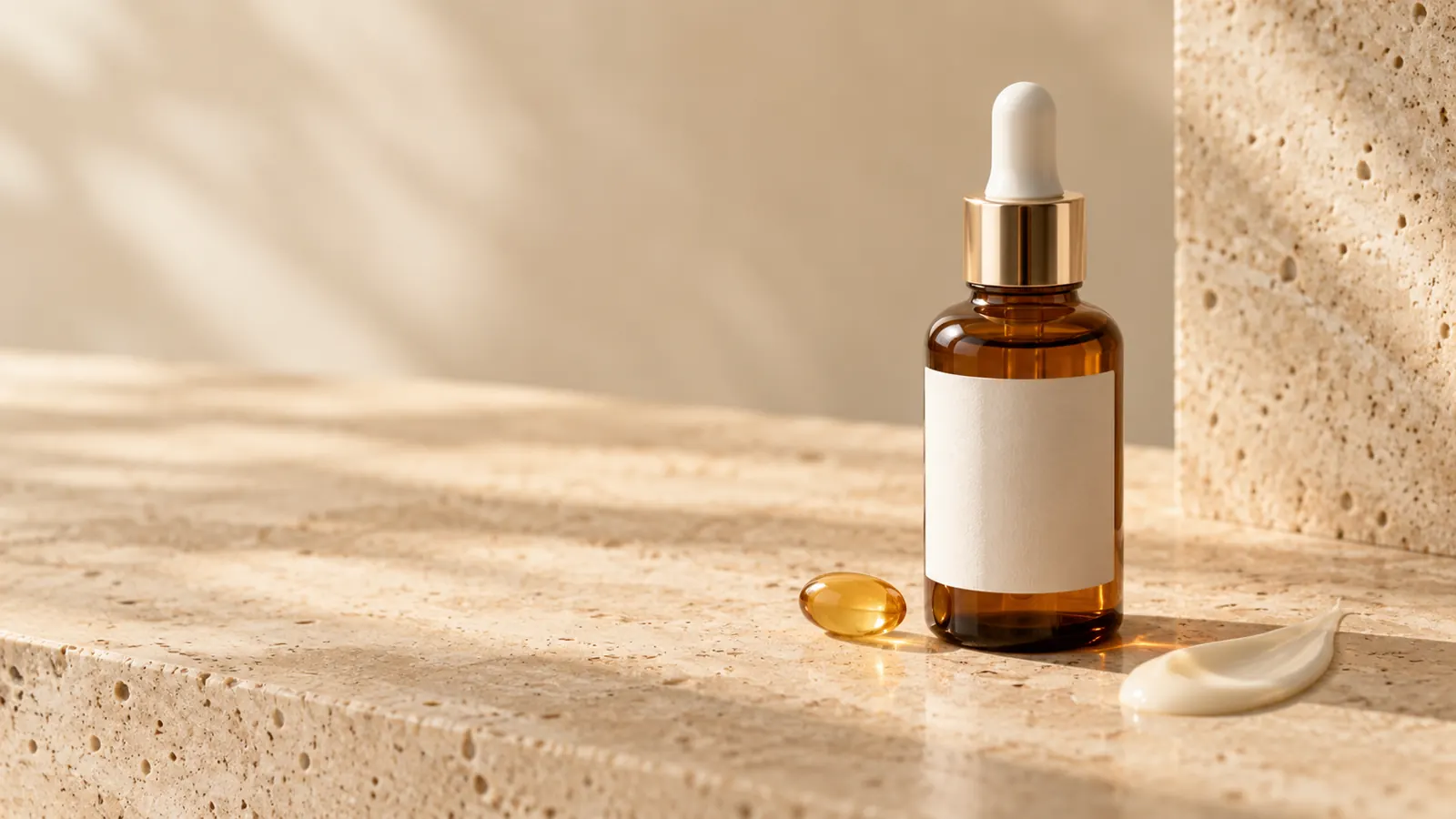 Serum med retinol på en beige stenyta i mjukt dagsljus