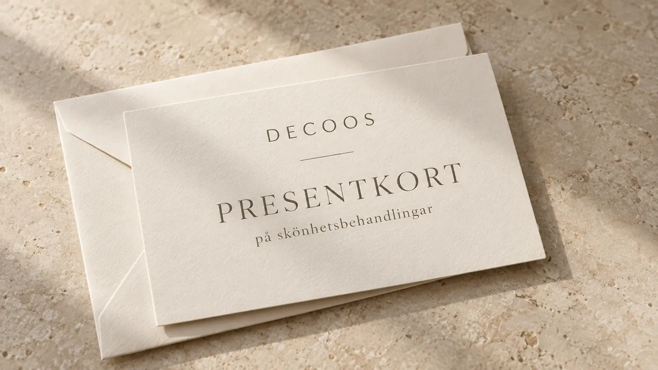 Presentkort från DECOOS på ett kuvert mot en ljus stenbakgrund